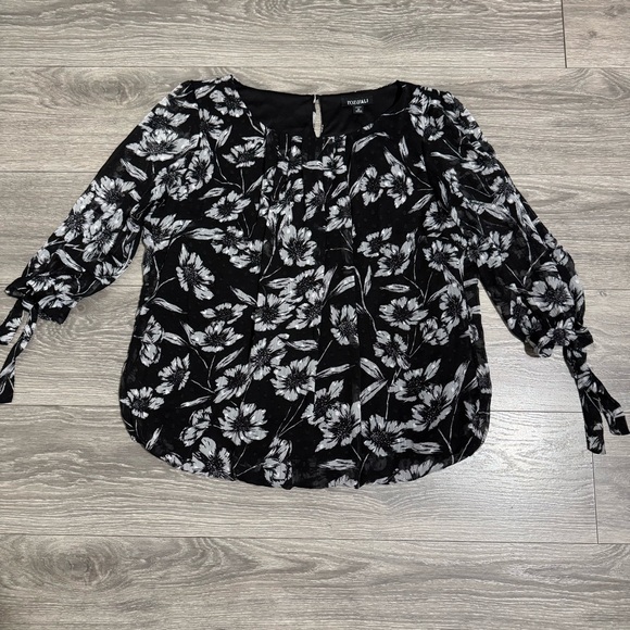 Roz & Ali Women Black & White Floral Lined 3/4 Sleeve Relaxed Fit Blouse Size 1X - Picture 7 of 13